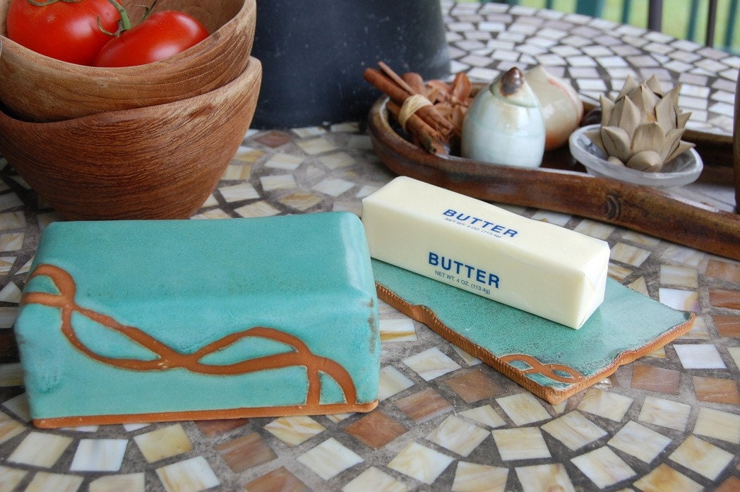 Covered Butter Dish in Turquoise and Rust- Made to Order