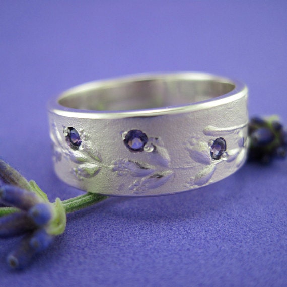 LAVENDER Flower Ring, Silver Amethyst Lavender Band, Wide Ring Band, 9mm -7.7mm - Lavande Collection