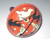Vintage Tin Halloween Noisemaker with Ghosts Black Cats Moon and Stars