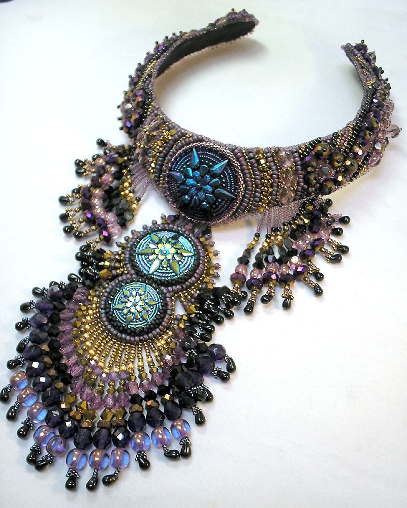 Bead Embroidery Purple Bronze and Black Beaded Northern Lights Necklace