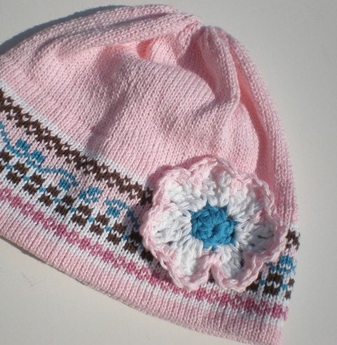 Handmade Knit Hat Pink Brown White Fuschia Turquoise Blue Beanie with Crochet Flower on Brim