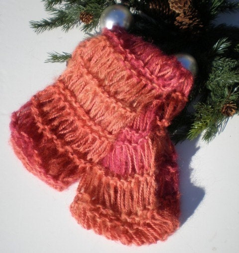 Hand knit Scarves Mohair and Alpaca Scarf Red Sky in the Morning Fringeless  Eco-friendly Orangey Mango Red Raspberry Photography Prop