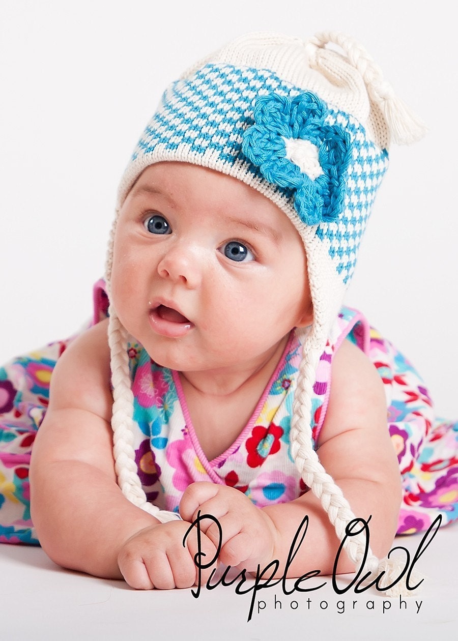 Knit Baby Hat in Vegan Organic Cotton Natural and Turquoise Blue Gingham with Crochet Flower