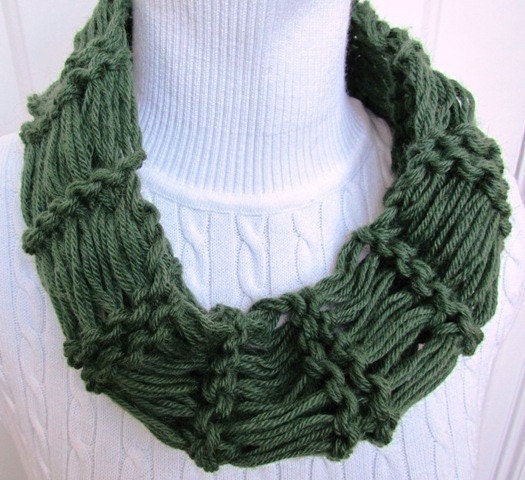 Circular Endless Loop Hand Knit Cowl Scarf Deep Olive Green in Natural Alpaca Fiber