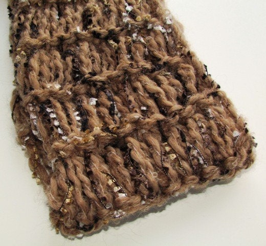Circular Hand Knit Scarf Cowl Style Chestnut Maple Syrup Brown Ecru Alpaca Yarn