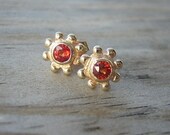 Orange Sapphire and 14k Yellow Gold Earrings, Sunset Apricot Gemstone Post Studs