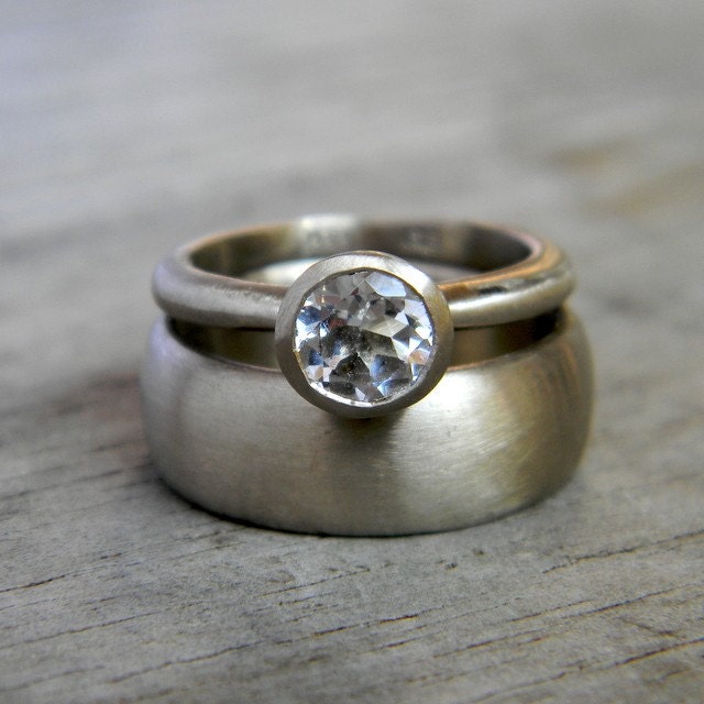 White Sapphire Engagement Ring Wedding Set in 14k Palladium White Gold, Made To Order