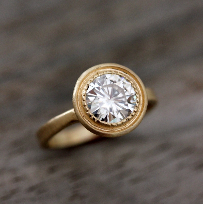 Moissanite and 14k Yellow Gold Engagement Ring, Matte Gold and MIlgrain Textured Bezel