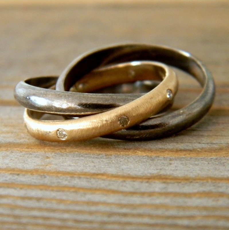 Rolling Wedding RIng in 14k Yellow Gold, Conflict Free Diamond and Blackened Sterling