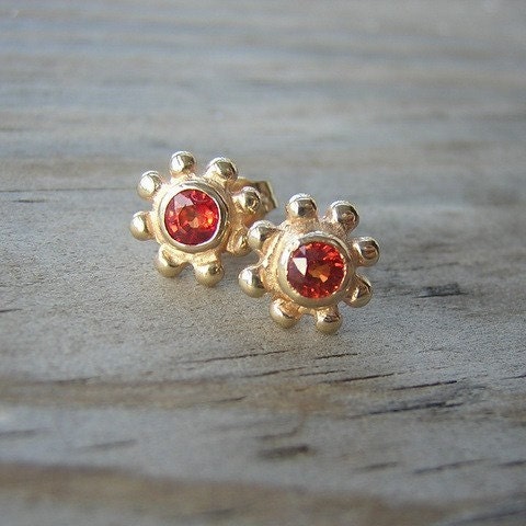 Orange Sapphire and 14k Yellow Gold Earrings, Sunset Apricot Gemstone Post Studs
