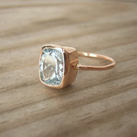 READY To SHIP  Size 8, Aquamarine Cushion in 14k Rose Gold