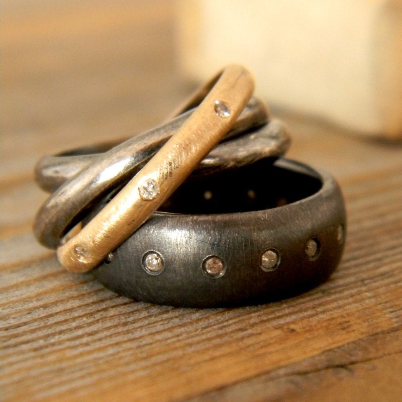 Rolling Wedding RIng in 14k Yellow Gold, Conflict Free Diamond and Blackened Sterling