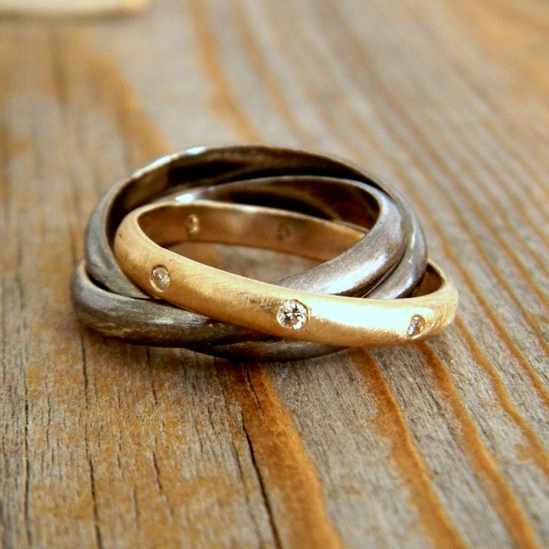 Rolling Wedding RIng in 14k Yellow Gold, Conflict Free Diamond and Blackened Sterling
