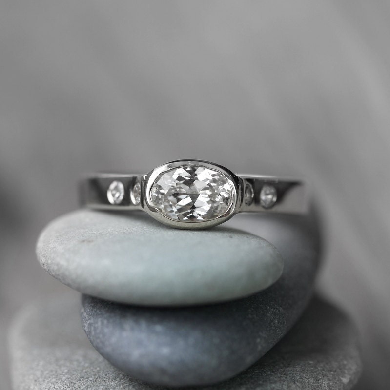 14k PALLADIUM White Gold White Sapphire Engagement Ring, Conflict Free Natural Sapphire Artisan Wedding Ring
