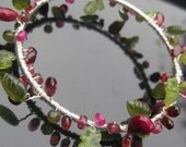 Garnet, pink tourmaline, ruby bangle bracelet sterling silver woodland sprite gemstone jewelry leaves raspberry blackberry --Bramble--