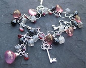 Pink quartz, garnet bracelet sterling silver skeleton key charms rose raspberry retro charm victorian mansion gemstone jewelry --La Chiave--