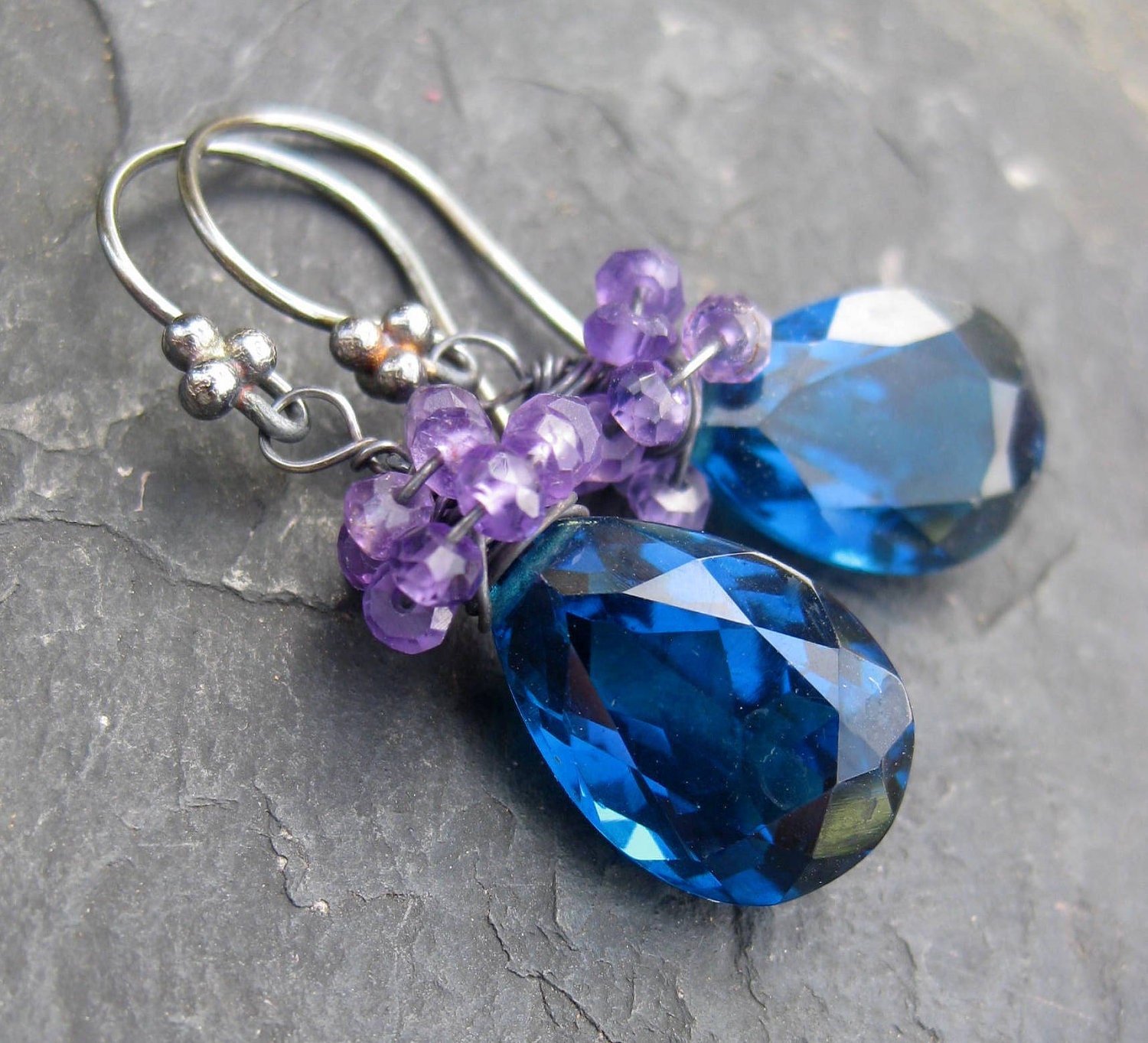 Sapphire blue quartz amethyst earrings sterling silver peacock drop mermaid style every day wear short dangle gemstone jewelry --Sarzora--