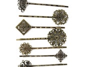 Filigree Bobby Pins Antiqued Brass Sampler Mix (8) FI556