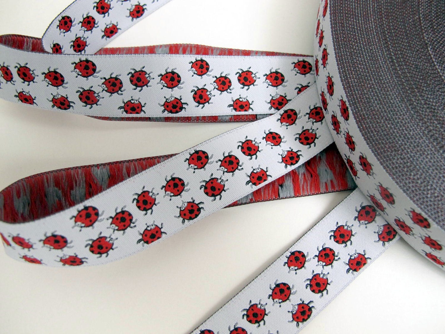 3 yards LADYBUGS fabric Jacquard trim. Red, black on white. 7/8 inch wide. 938-A