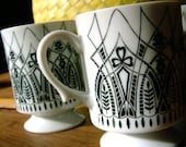 Vintage 1960s Folky Floral Black and White Pattern Mug Set of Five