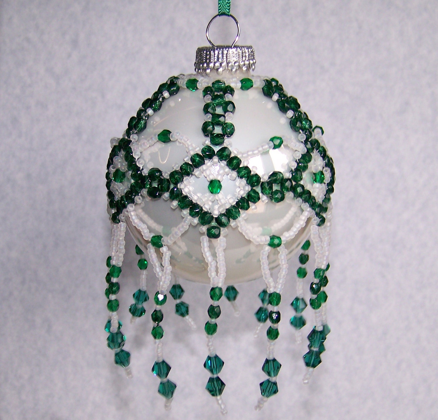 Beaded Ornament Cover Green Fire Polish and Crystal