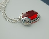 SALE - Red Ladybug Necklace - Ruby Red Glass Stone