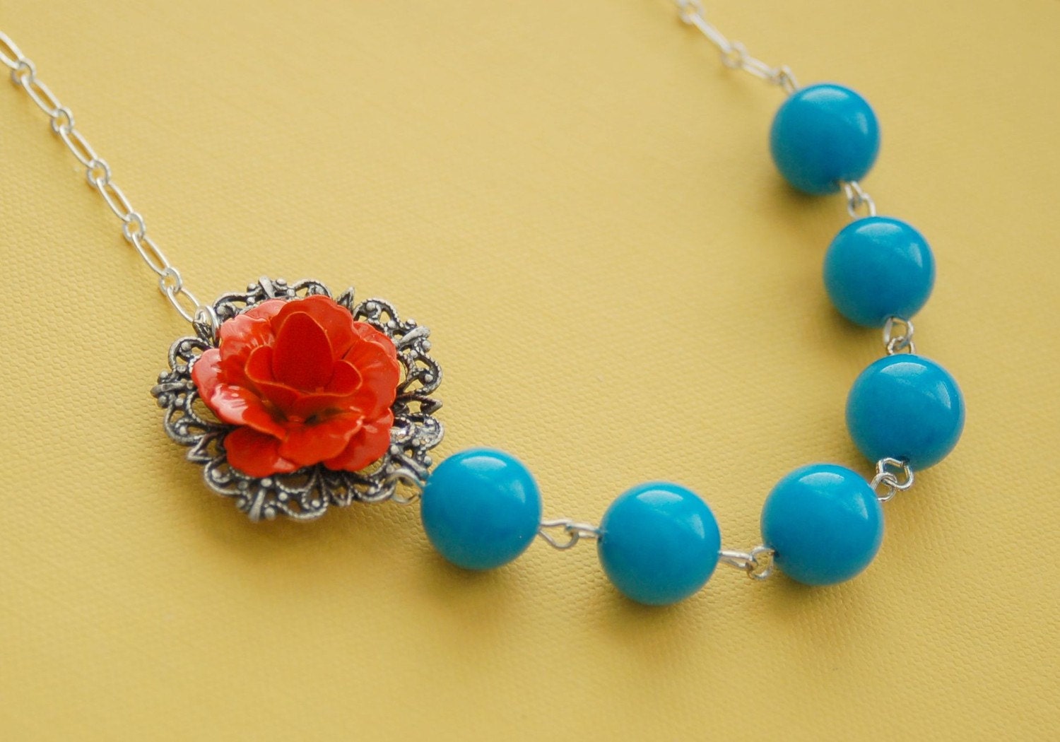 SALE - Orange and Turquoise Necklace - Enamel flower and Mountain Jade Stone
