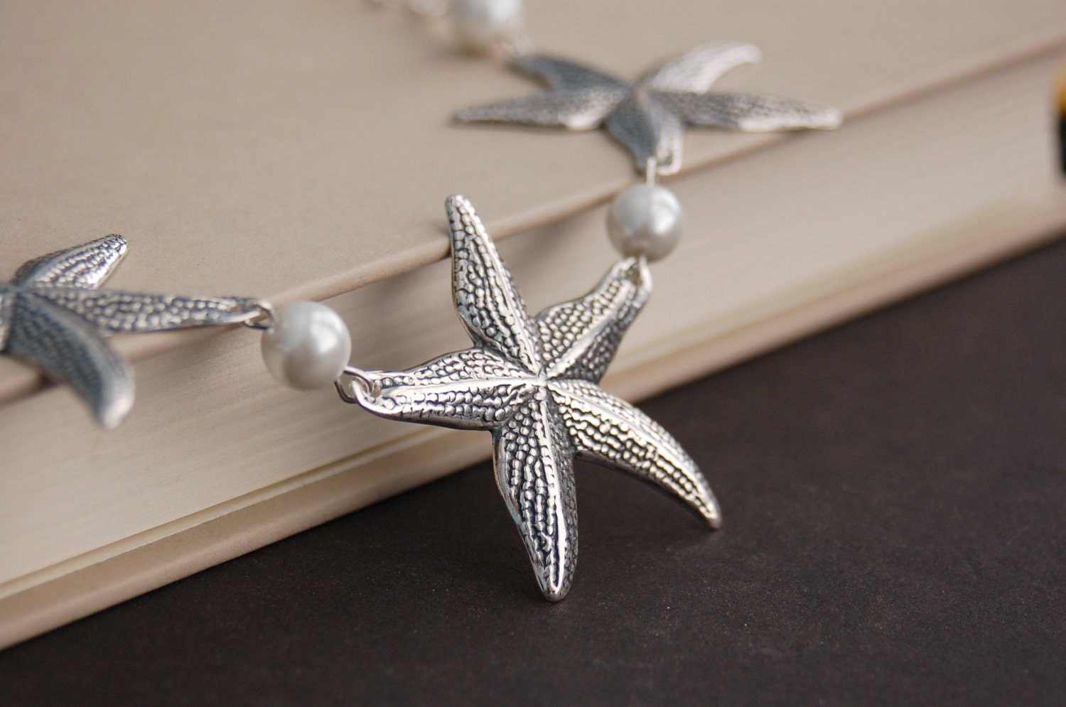ON SALE - Starfish Trio Necklace - Silver and white pearl