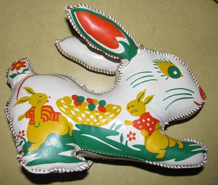 Easter Rabbit, Vinyl Stuffed Animal, Easter Eggs, Stitched, Retro Cold War Americana classic 50's Easter Bunny Holiday nostalgia