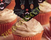 Party Supplies, Cup Cake Toppers Halloween Black Cat  Kitty Cats Art Deco Satan's Kitten Topper, 12 Pussy Cats, Party Decorations, Gift Tags