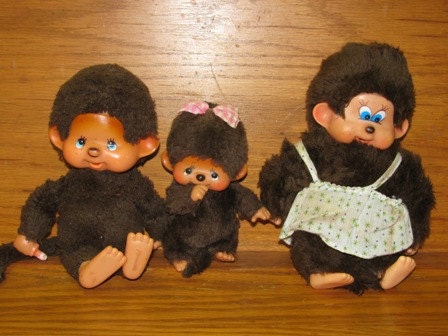 Vintage Monchhichi 1970's Monchichi Sekiguchi Monkey Stuffed, Monkey Family, Moma, Papa & Baby Monkeys retro 70's Toy collectible Toys