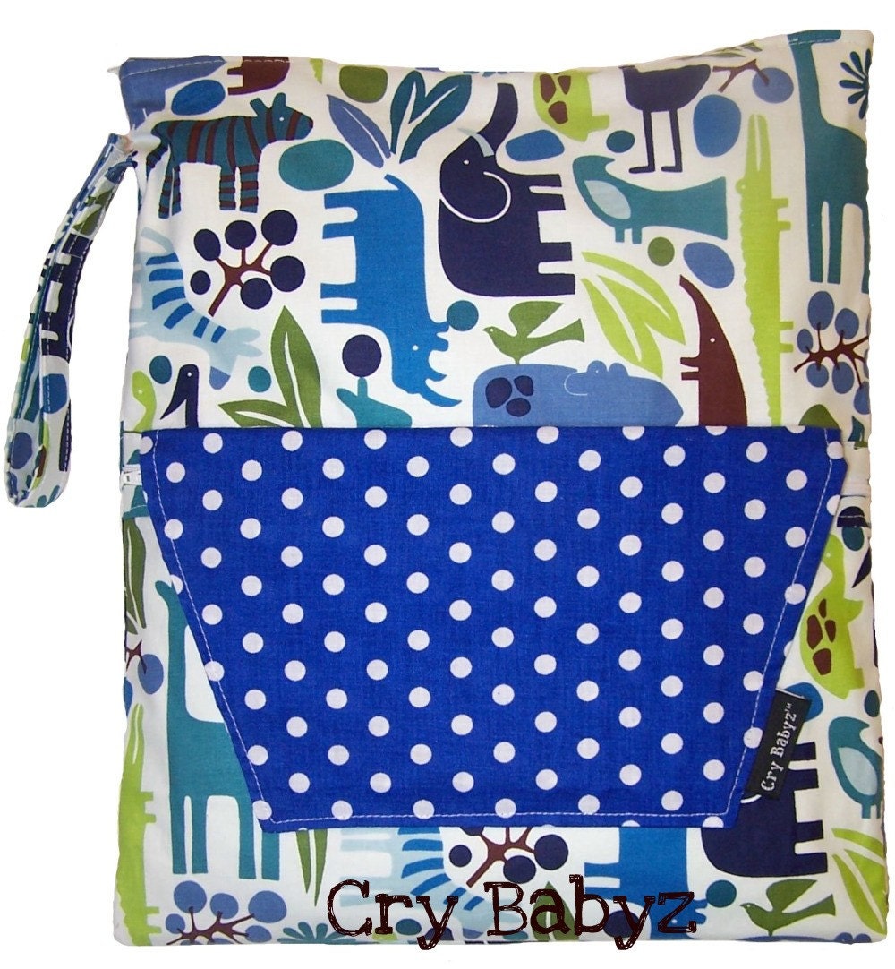 Wet Bag Blue Zoo Animals Large 2 zippers READY TO SHIP Baby Shower Gift