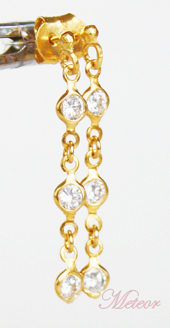 gold vermeiled sterling silver, zircon, dangle earrings - handmade