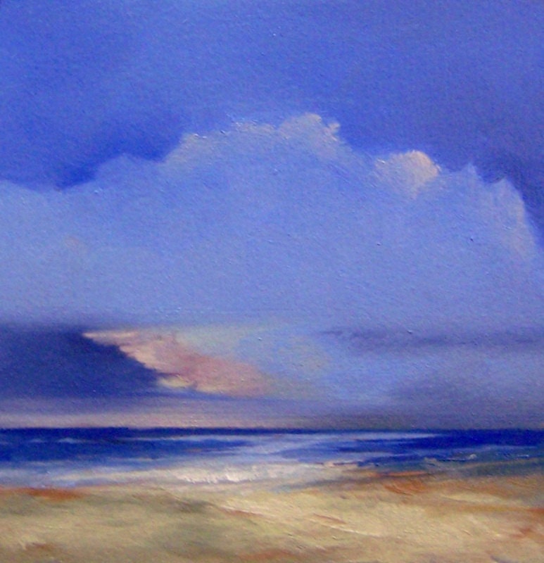 BLUE BANK, original painting, 100% charity donation, oil painting, landscape, 5x5, clouds, sky, horizon, beach, ocean