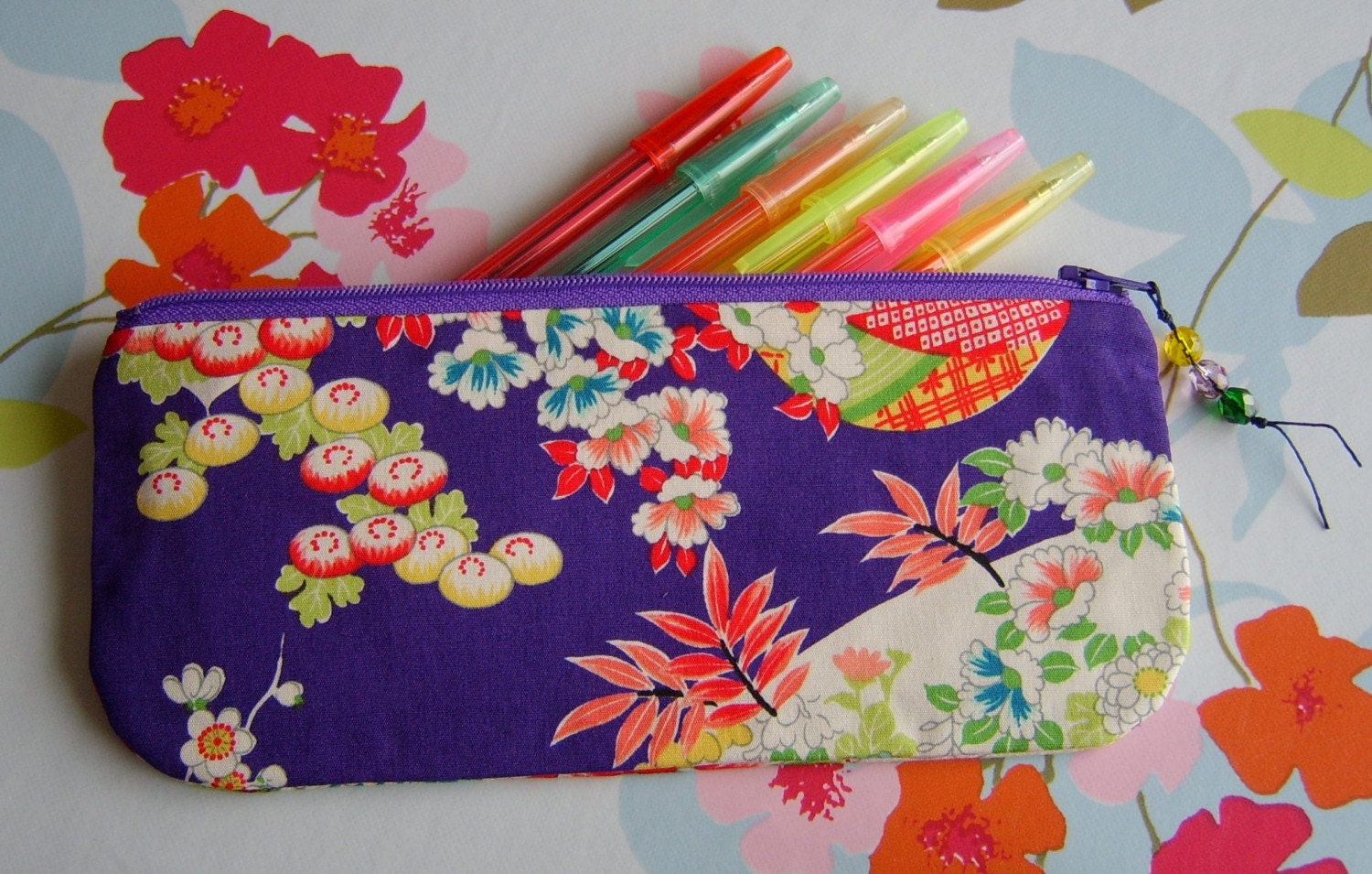 Pencil case or zipper pouch made with japanese sakura flower fabric
