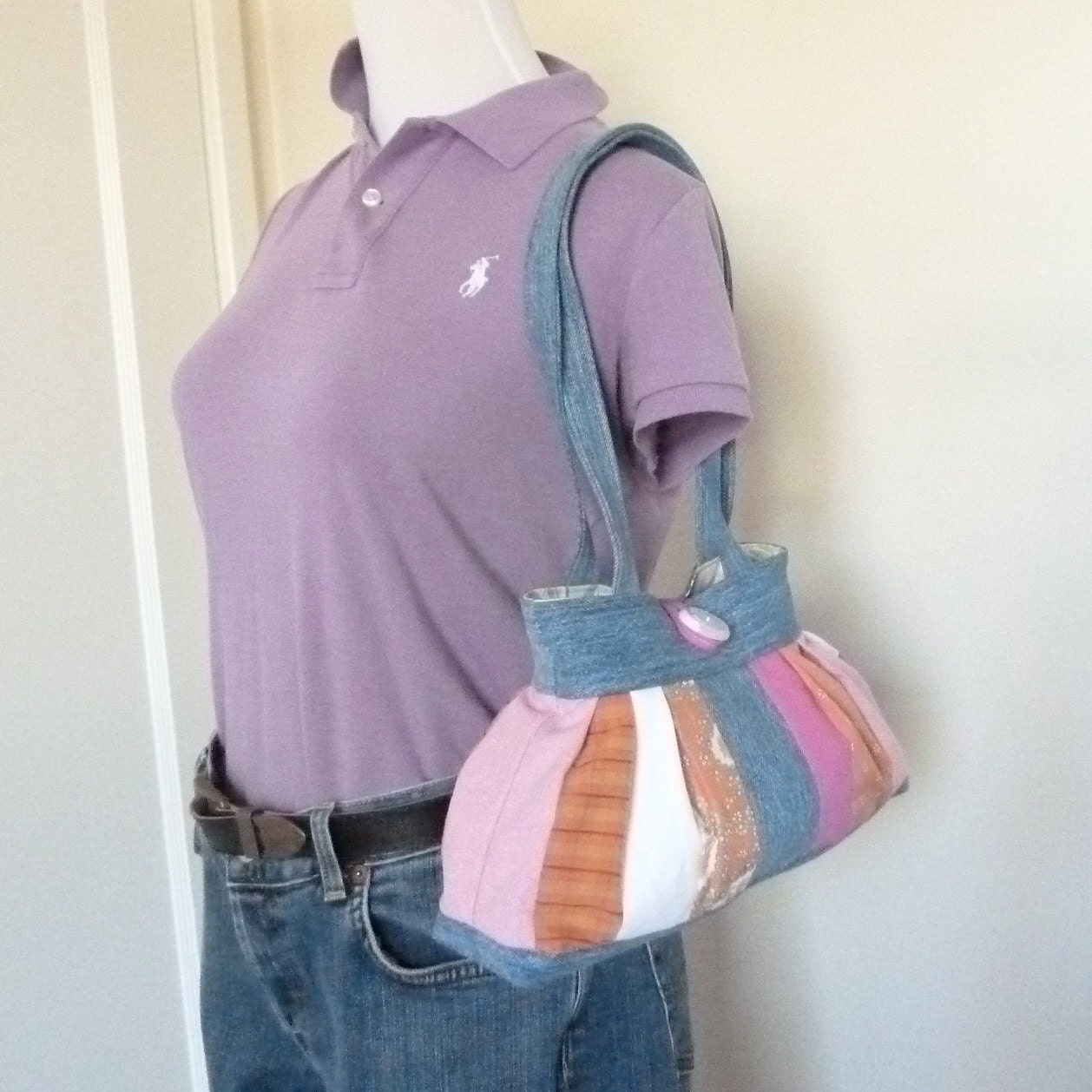 Recycled Jeans Purse - Fun Small Womens Purse - Patchwork Pleated Purse - Pink Orange Denim Bag - Cute Purse