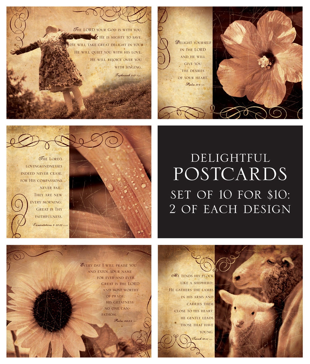 Scripture Art DELIGHTFUL POSTCARDS set of 10 on SALE now for 7 bucks