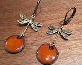 Orange Dragonfly Dangle Earrings, Persimmon, Copper Enamel Jewelry, Nickel Free Leverback Earwires, The Prairie Collection