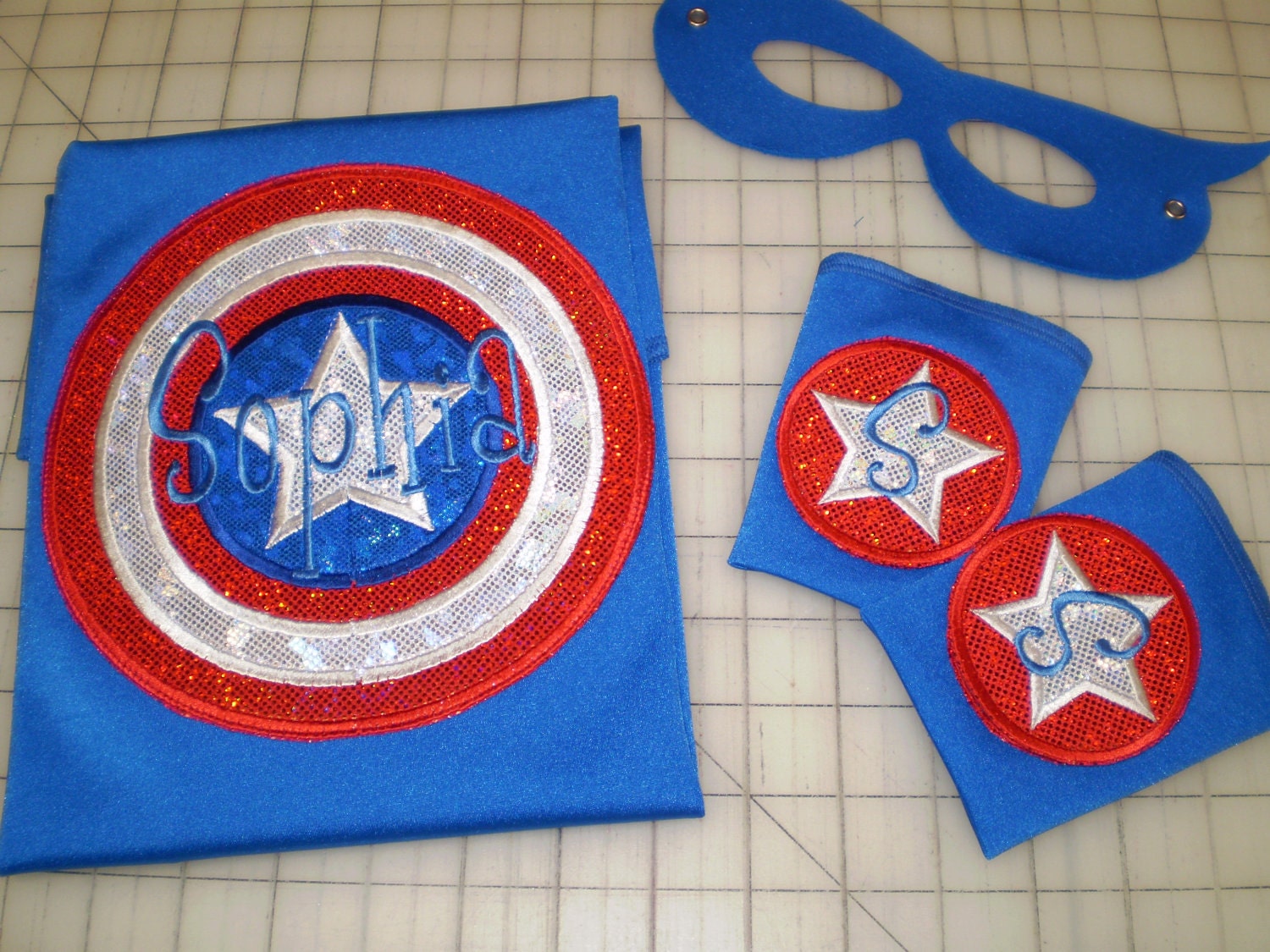 Captain America Inspired Cape, Mask and Super Power Cuffs - Personalized