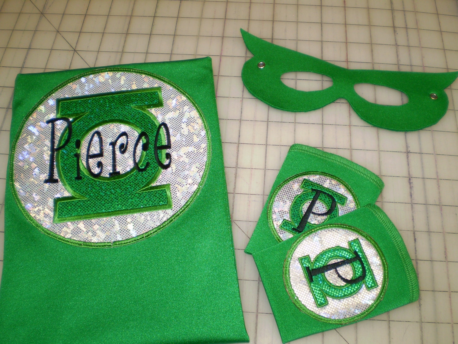 Green Lantern Inspired Super Hero Cape, Mask and Super Power Cuffs   PERSONALIZED