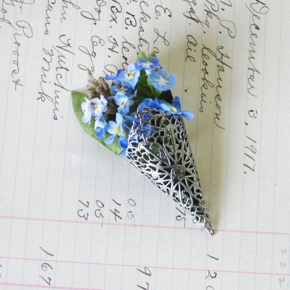 Silver filigree pin, wedding corsage flowers