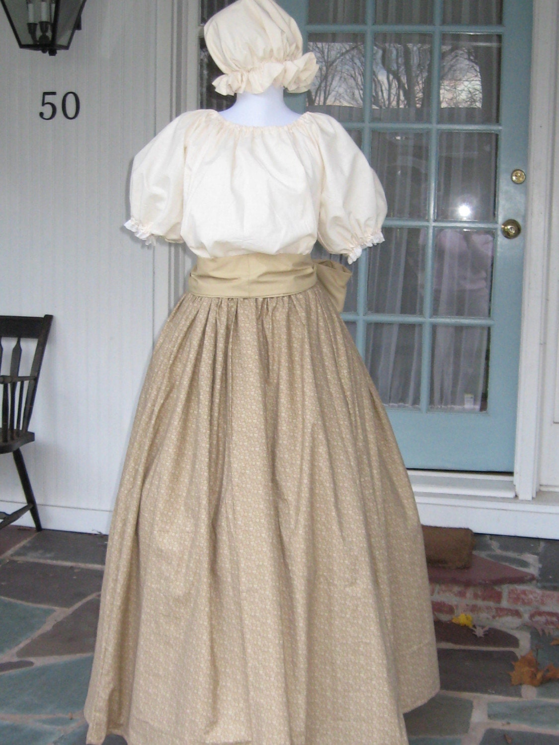 Womens Prairie Pioneer Colonial Dress Costume Skirt Mob Cap Sash Muslin Civil War Frontier