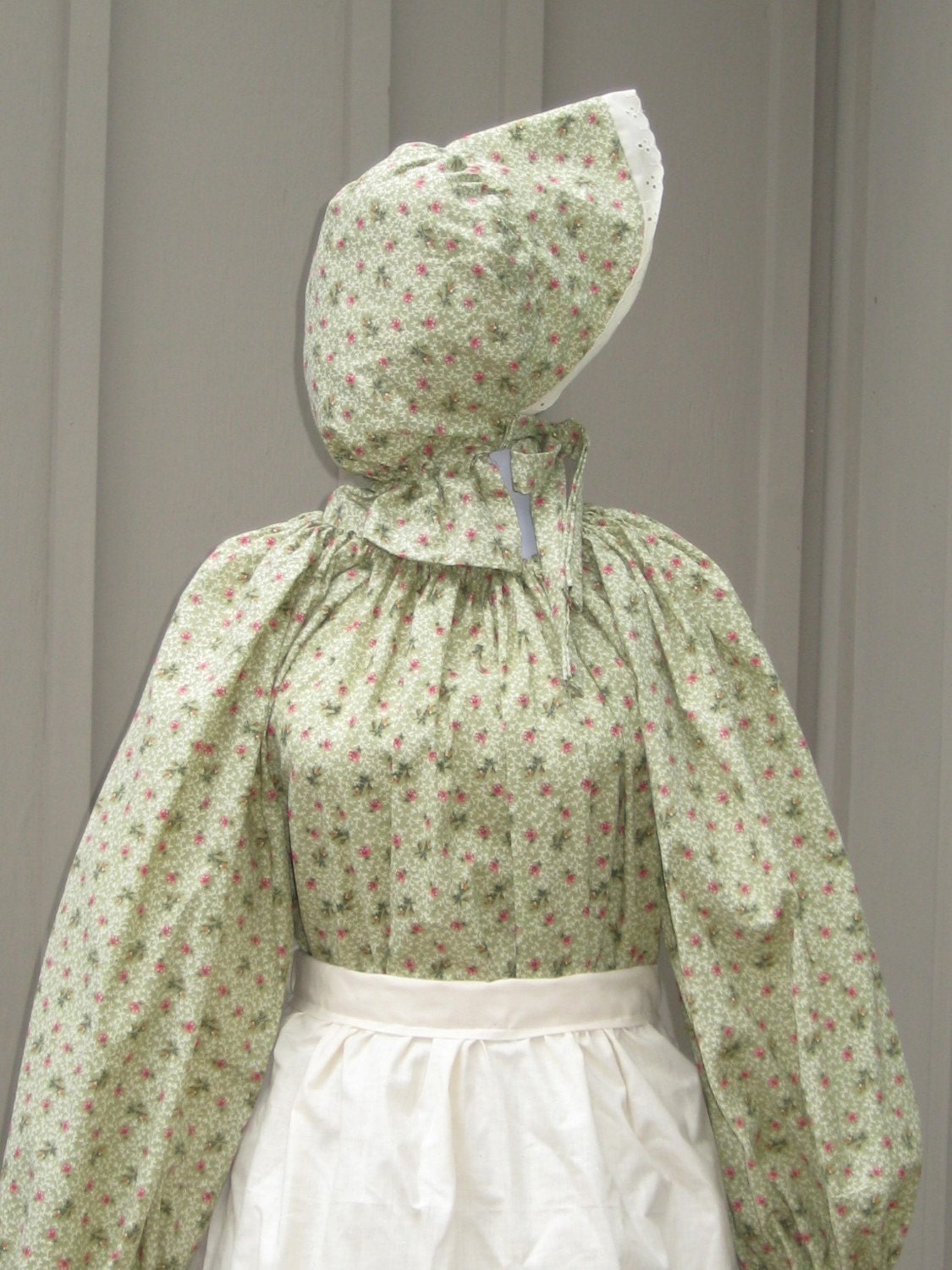 Prairie Pioneer Colonial Dress Costume Civil War Frontier SASS Womens Girls Green Bonnet Apron 3 pc set