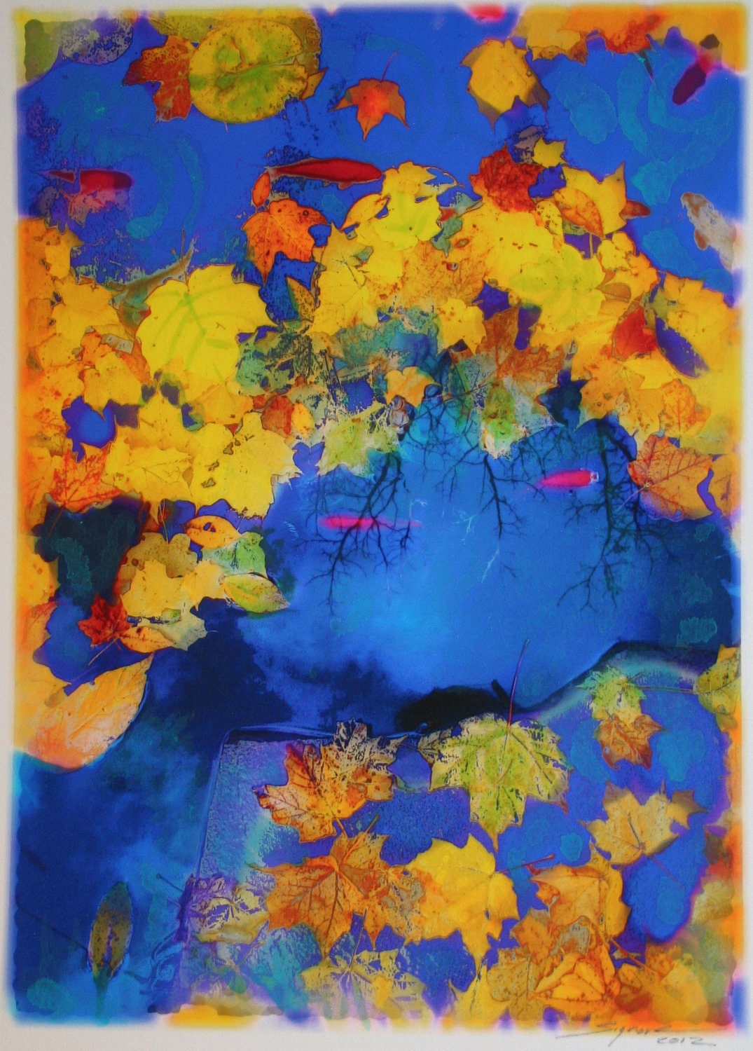 Autumn in the pond, 5x7, Original, mixed media photo, Koi pond, Gold fish, fish, Home decor, wall decor, blue decor, bold color, Fall