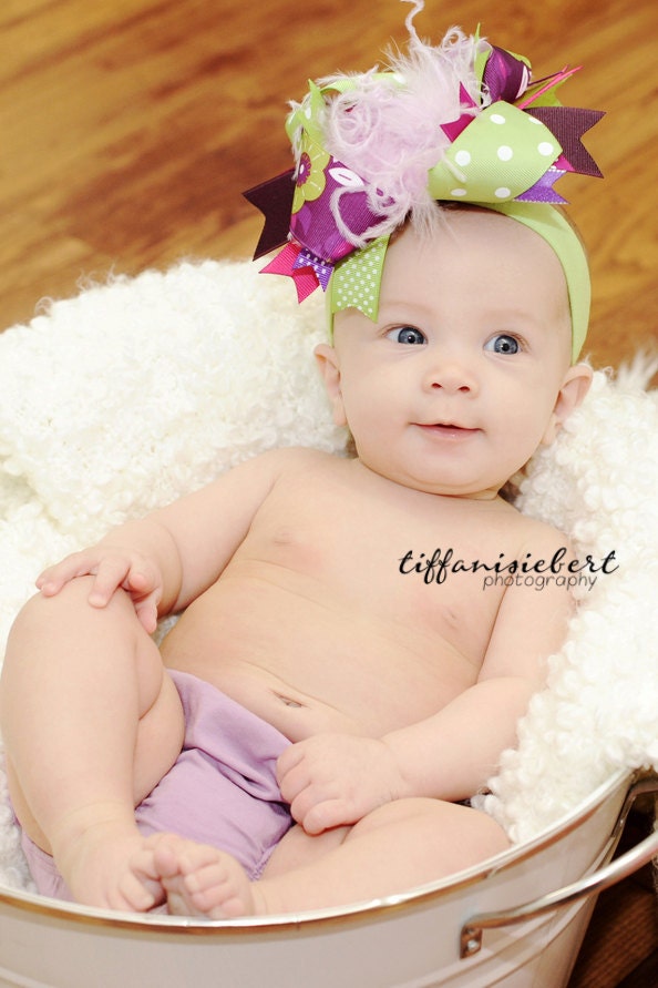 boutique PURPLES and GREENS over the top hair bow on a headband