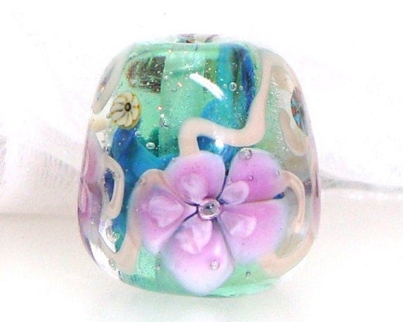 Handmade Lampwork Bead Floral Mint Aqua Purple Lavender Lilac Pink Vines Flowers Murrini Artisan Dichroic Glass Focal SRA -- Romantic Line