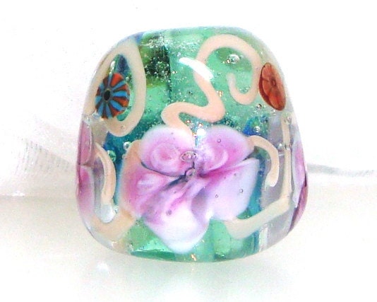 Handmade Lampwork Bead Floral Mint Aqua Purple Lavender Lilac Pink Vines Flowers Murrini Artisan Dichroic Glass Focal SRA -- Romantic Line