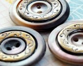 Shell Antique Buttons Brass Encrusted Mother of Pearl 1880 Set of 3 L554