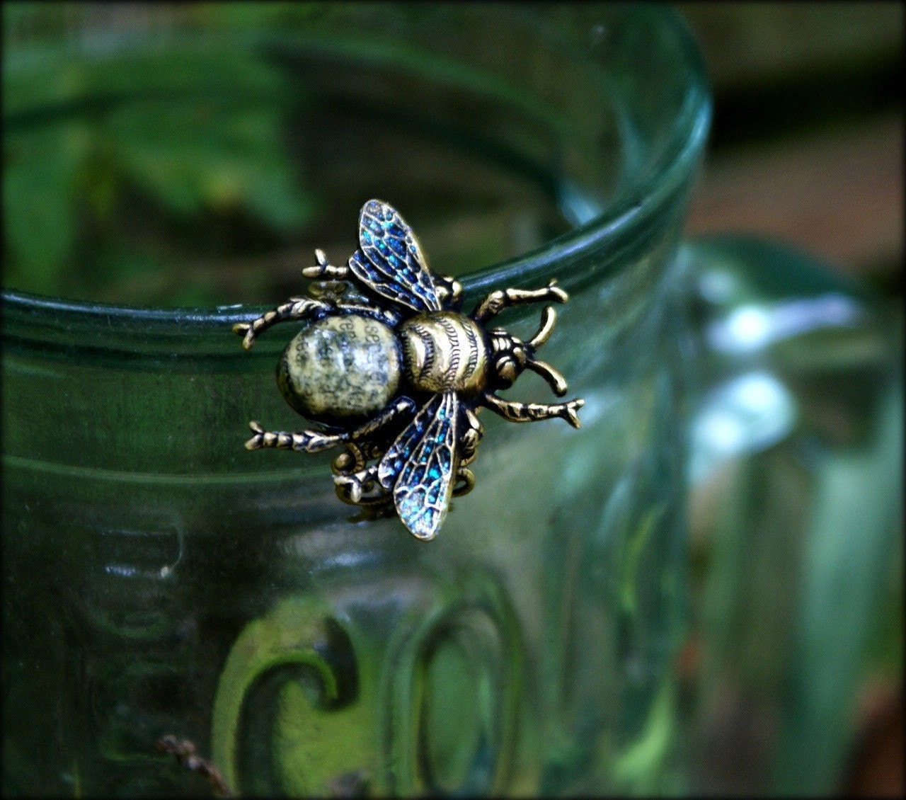 Large Bee Ring - Antiqued Brass - Iridescent Glitter Wings - Filigree & Text