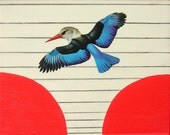 Blue Winged Bird - Original Acrylic Painting with Paper Collage on Canvas